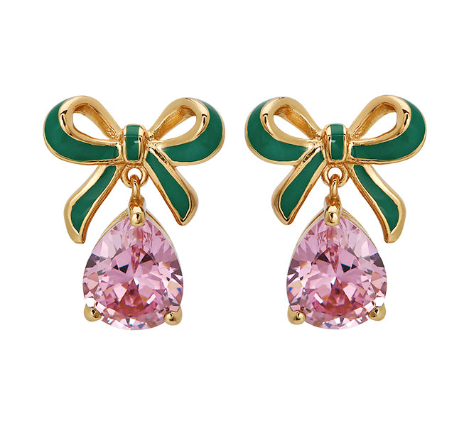 Amelia Bow Stud Earrings, Green & Pink - Gold - AS22TRE32
