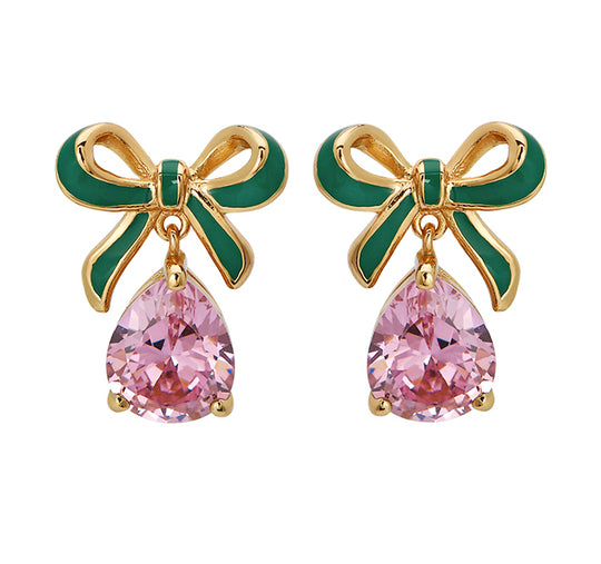 Amelia Bow Stud Earrings, Green & Pink - Gold - AS22TRE32