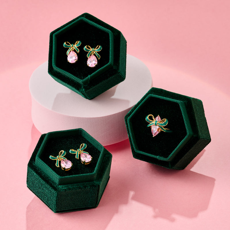 Amelia Bow Stud Earrings, Green & Pink - Gold - AS22TRE32