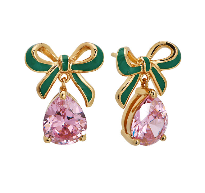Amelia Bow Stud Earrings, Green & Pink - Gold - AS22TRE32