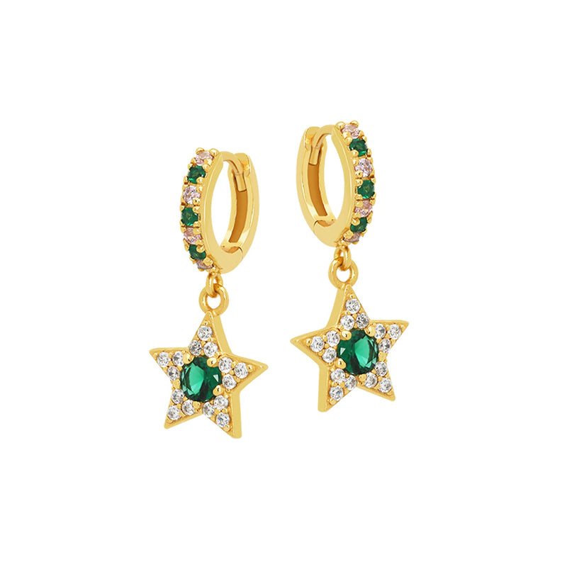 Celeste Mini Star Huggie Hoop Earrings - Emerald Green & Gold - AS22SGE25