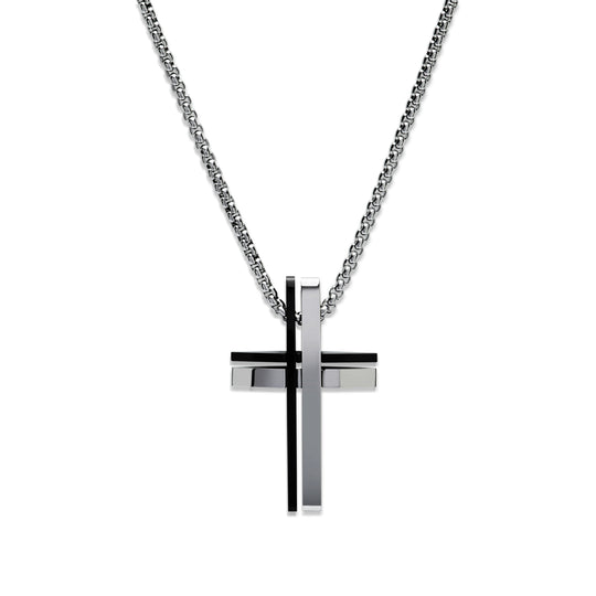 Stainless Steel Cross Pendant - Silver/Black - AN-115/50CM