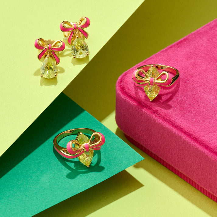 Bow Stud Earrings, Pink & Green - Gold - AS22TRE31