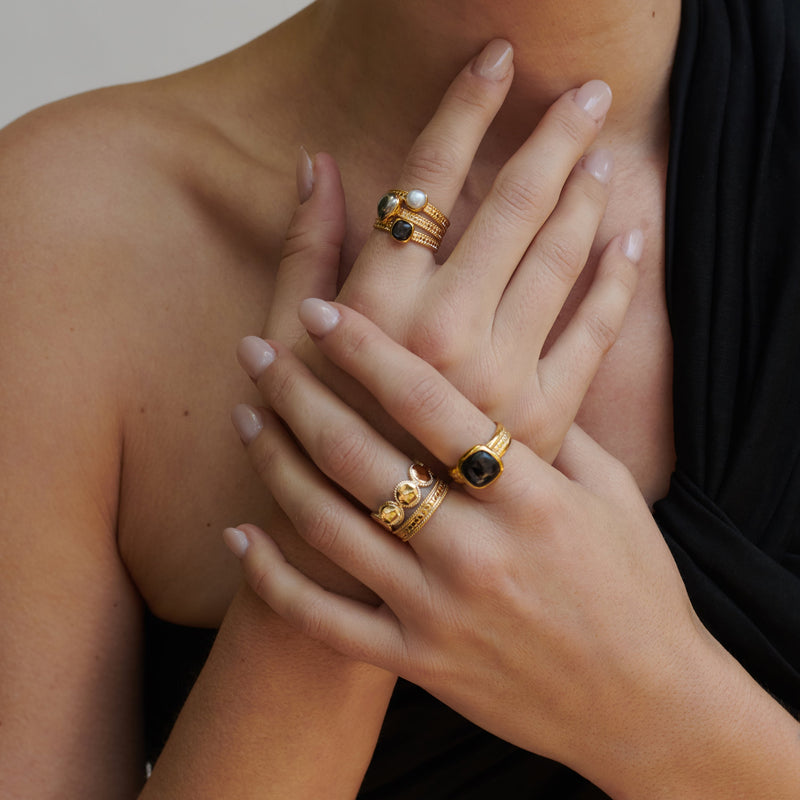 Hypersthene, Pyrite, and Pearl Faux Stacking Ring - Gold - RG10402-GHYPL