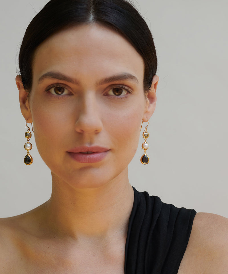 Hypersthene, Pyrite, and Pearl Triple Drop Earrings - Gold - ER10527-GHYPL