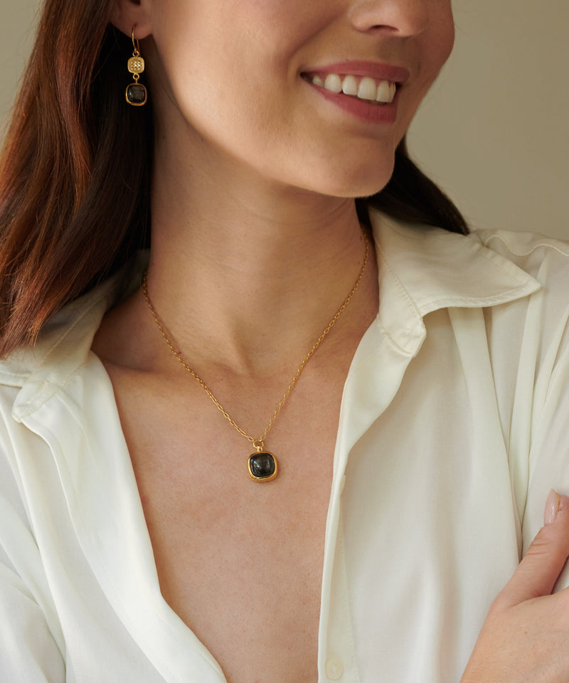 Small Hypersthene Cushion Pendant Necklace - Gold- NK10489-GHYM