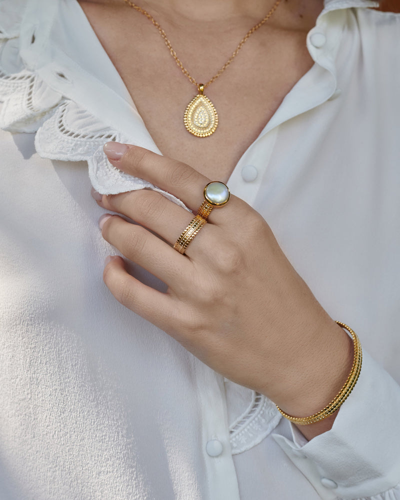 Coin Pearl Scalloped Cocktail Ring - Gold - RG10361-GPL