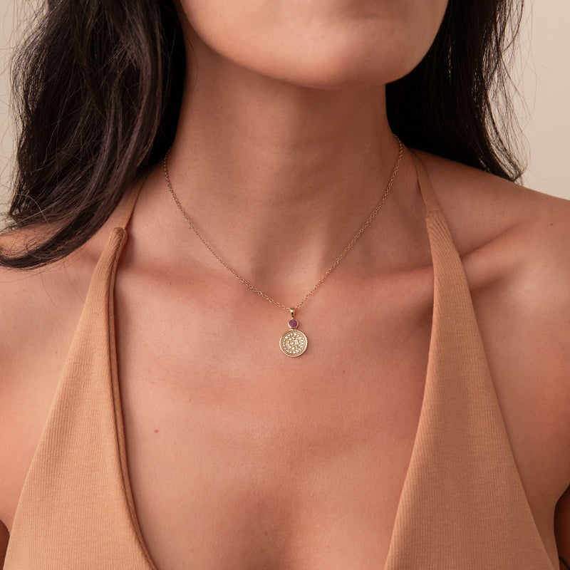 Pink Ruby Circle Pendant Necklace - Gold - NK10657-GRB