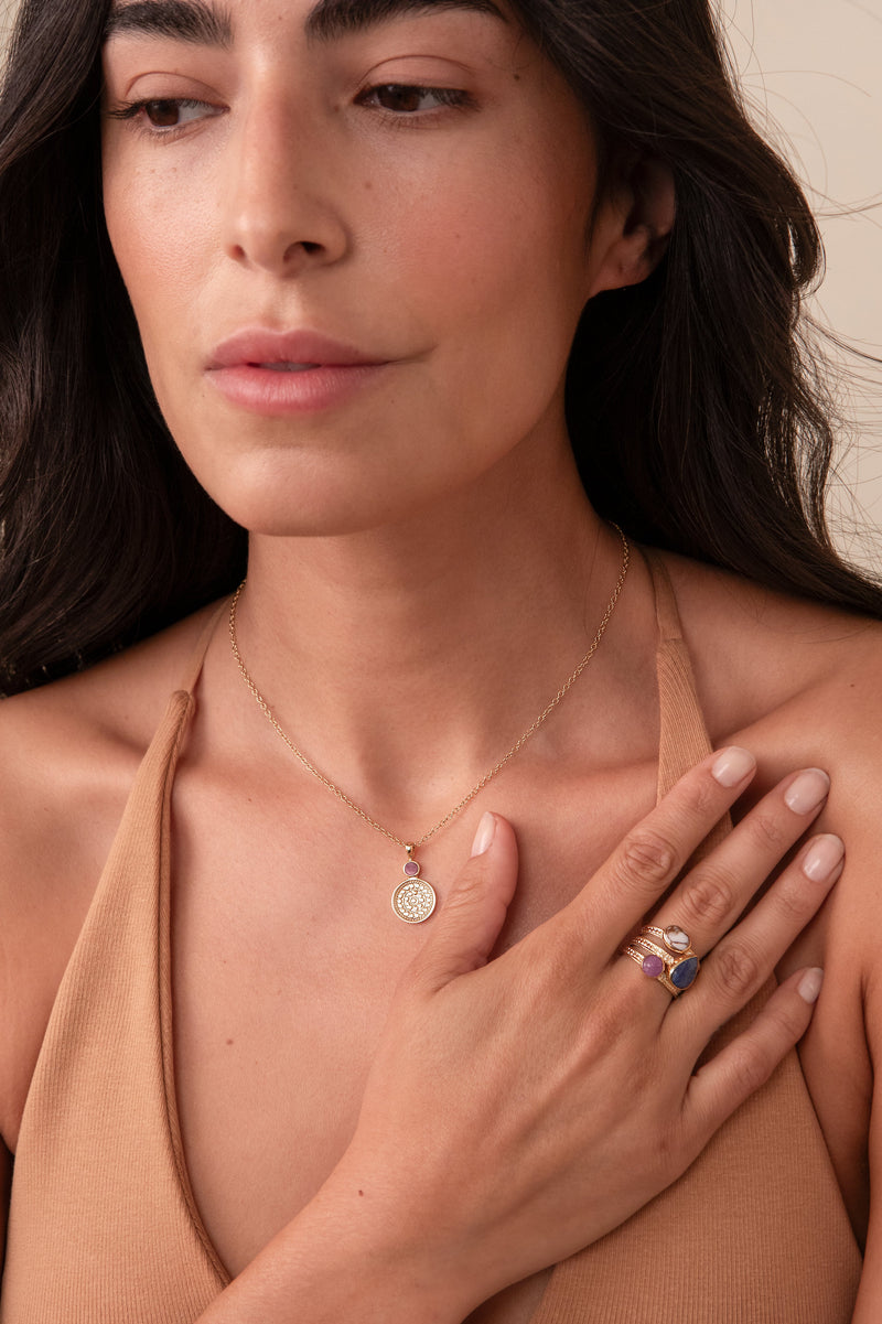 Pink Ruby Circle Pendant Necklace - Gold - NK10657-GRB