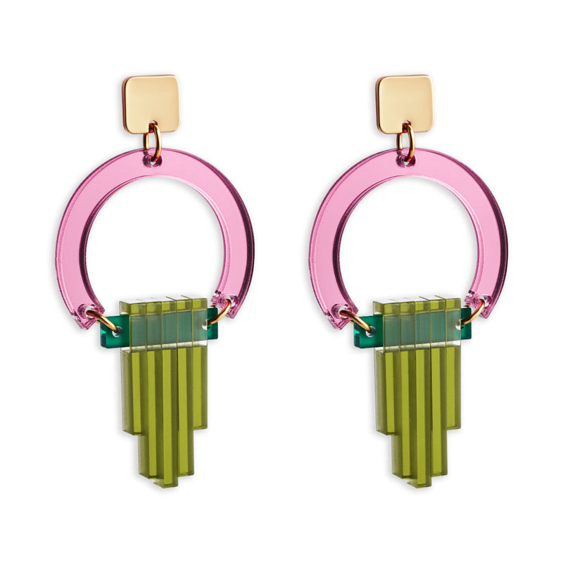 Art Deco Chandelier Earrings - Gold/Pink/Lime - 24ADCpmlz