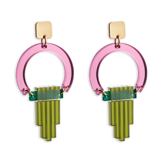 Art Deco Chandelier Earrings - Gold/Pink/Lime - 24ADCpmlz