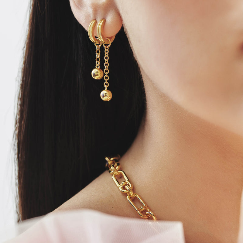 Stellar Orb Drop Chain Earrings - Gold - BPE04GP