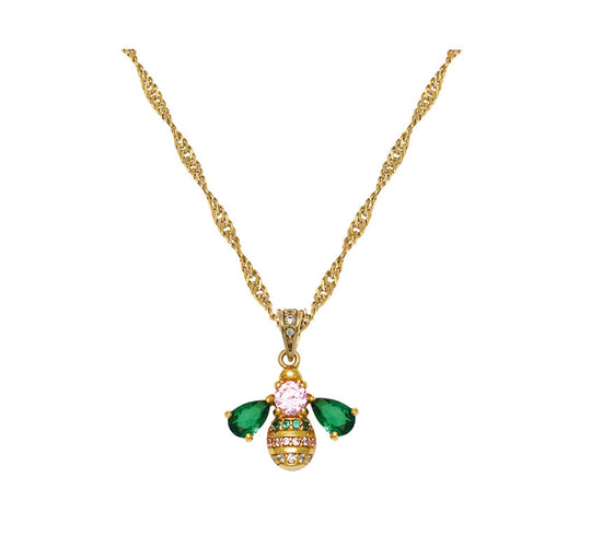Beatrice Jewelled Bee Necklace - Blush Pink, Emerald Green & Gold - AS22FFN01