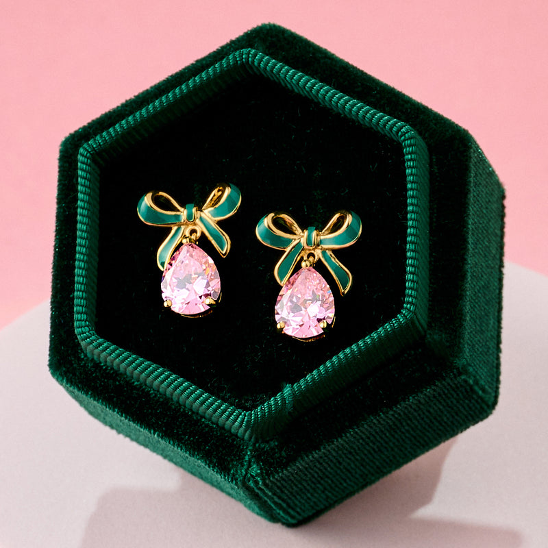 Amelia Bow Stud Earrings, Green & Pink - Gold - AS22TRE32