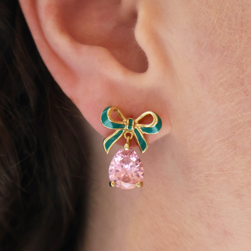 Amelia Bow Stud Earrings, Green & Pink - Gold - AS22TRE32