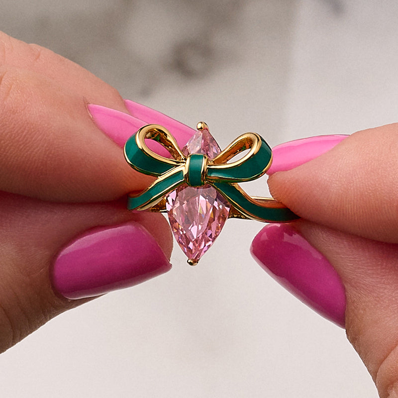 Amelia Bow Ring, Green & Pink - Gold - AS22TRR12