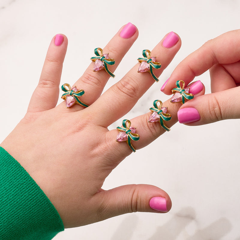 Amelia Bow Ring, Green & Pink - Gold - AS22TRR12