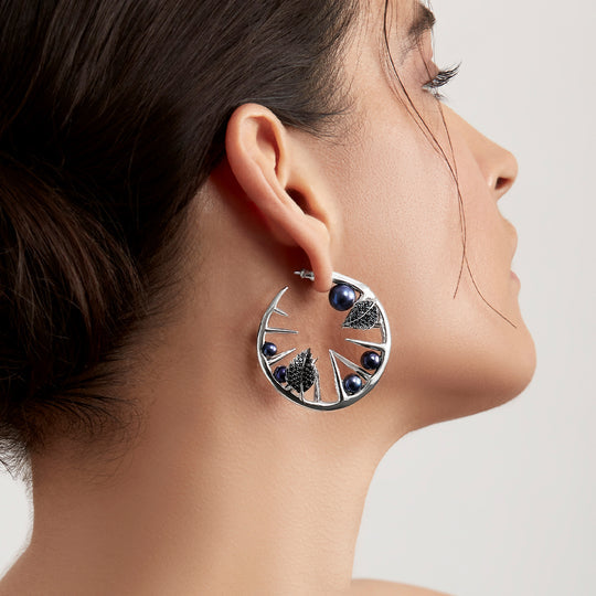 Blackthorn Leaf Pearl Hoop Earrings - Silver - BT017.SSBKEOS