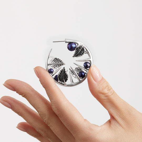 Blackthorn Leaf Pearl Hoop Earrings - Silver - BT017.SSBKEOS