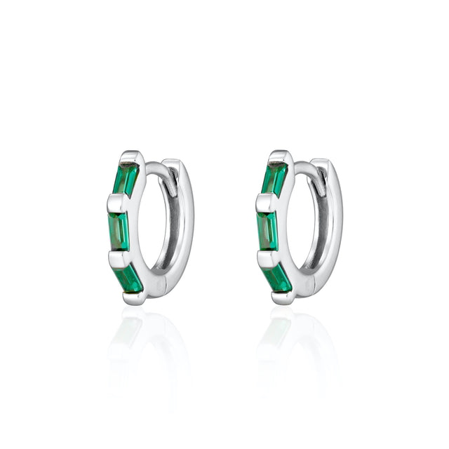 Baguette Huggie Earrings With Green Stones - Silver - SPS-95