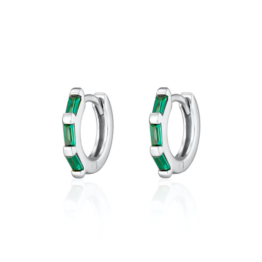 Baguette Huggie Earrings With Green Stones - Silver - SPS-95