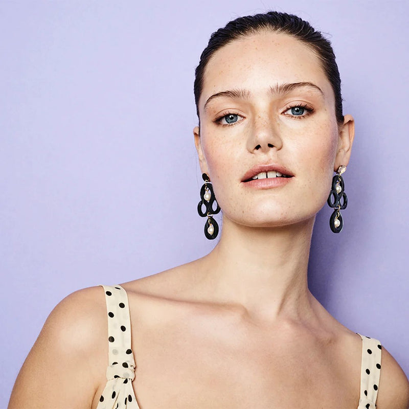 Petite Batik Earrings - Gold/Black Swirl/Pearl - SP-716