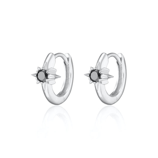 Large Black Star Huggie Earrings - Silver - SPS-78