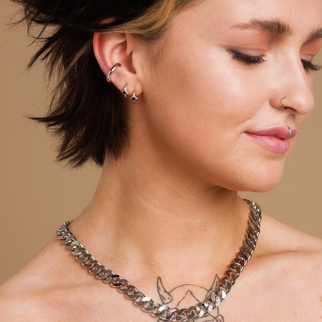 Large Black Star Huggie Earrings - Silver - SPS-78