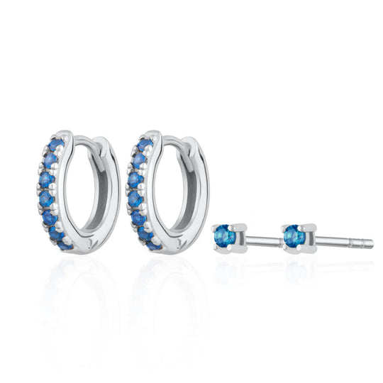 Blue Stone Huggie & Tiny Stud Earring Set - Silver - SPS-190-385