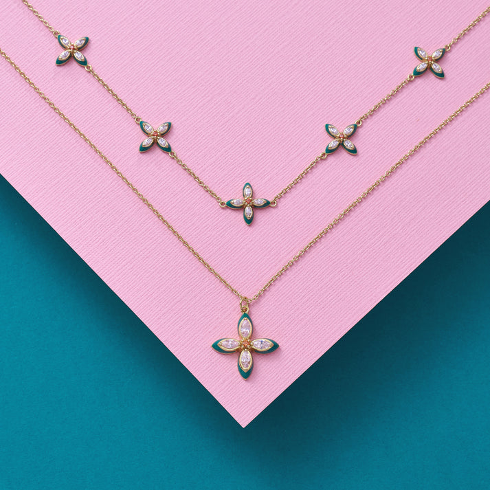 Lucky Clover Pendant Necklace, Emerald Green/Blush Pink - Gold - AS22TRN12