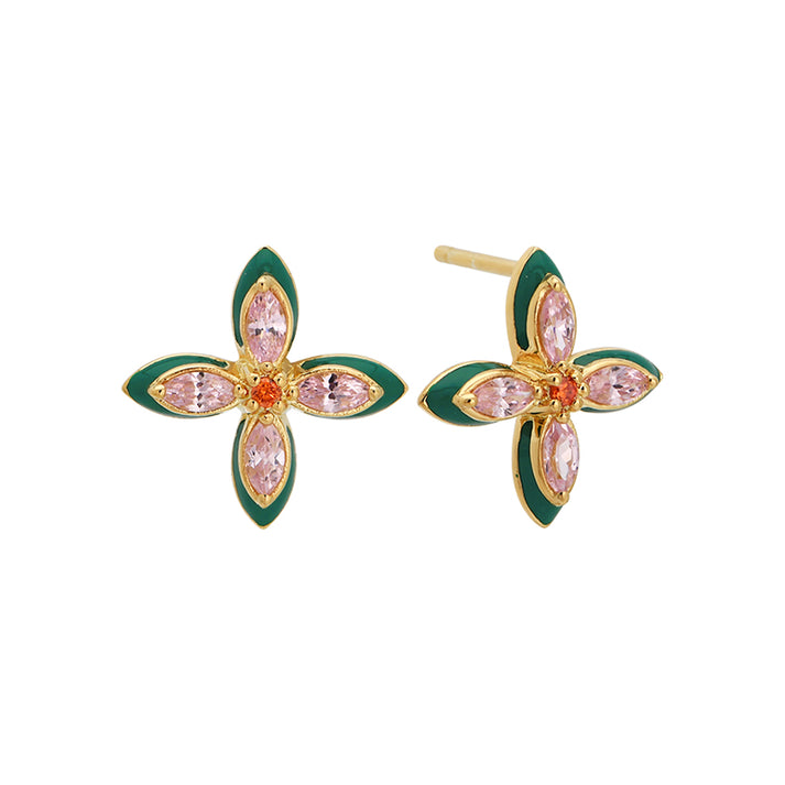 Lucky Clover Stud Earrings, Emerald Green/Blush Pink - Gold - AS22TRE35