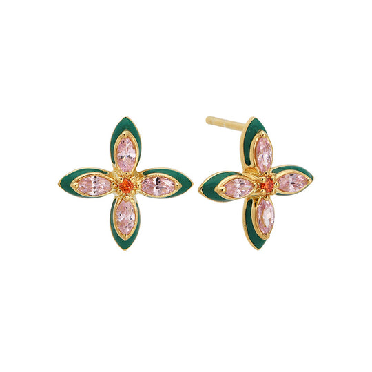 Lucky Clover Stud Earrings, Emerald Green/Blush Pink - Gold - AS22TRE35