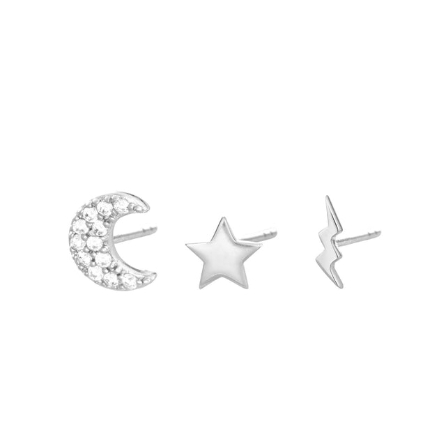 Celestial Set of 3 Single Stud Earrings - Silver - SPESSS24-25-26