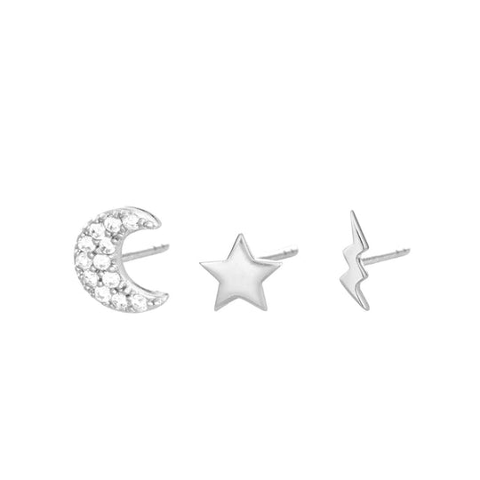 Celestial Set of 3 Single Stud Earrings - Silver - SPESSS24-25-26