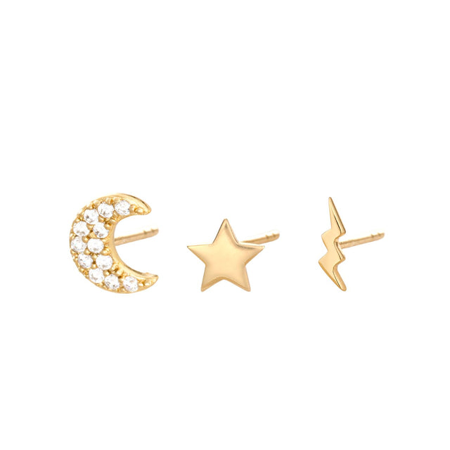 Celestial Set Of 3 Single Stud Earrings - Gold - SPESGS24-25-26