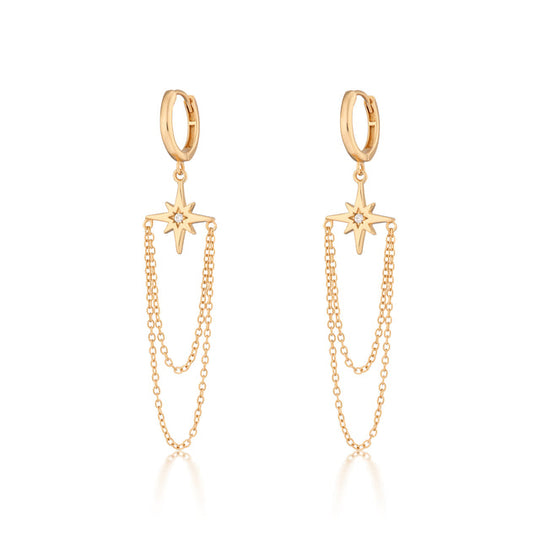 Starburst Chain Drop Hoop Earrings - Gold - SPG-152