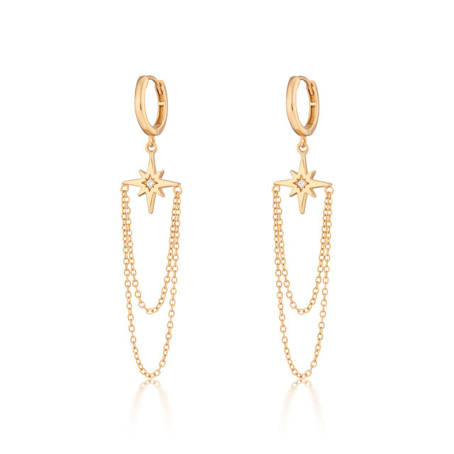 Starburst Chain Drop Hoop Earrings - Gold - SPG-152