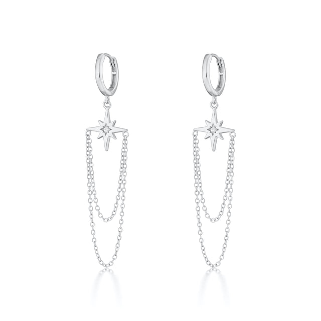 Starburst Chain Drop Hoop Earrings - Silver - SPS-152