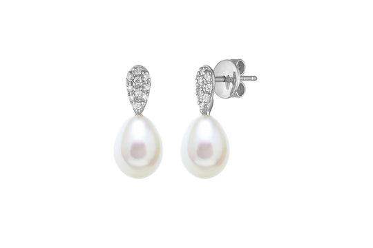 Freshwater Teardrop Pearl & Diamond Drop Earrings, 7.5-8mm - White Gold - DED307WG