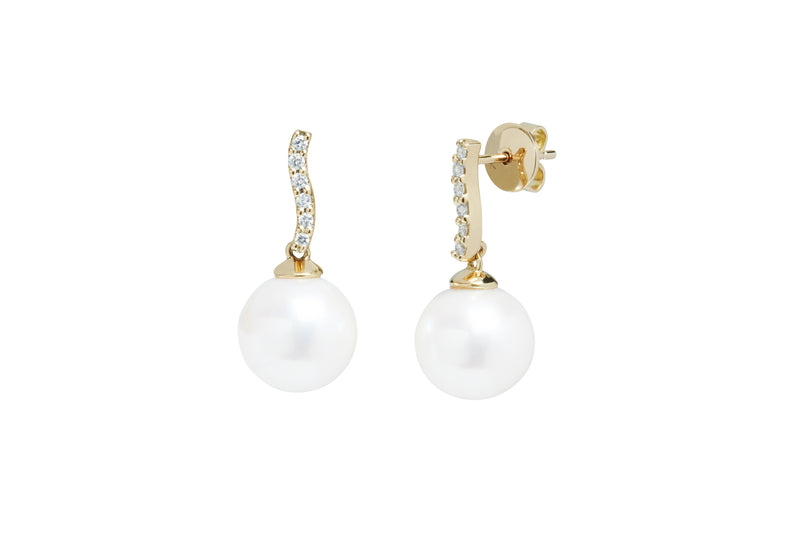 Freshwater Round Pearl & Diamond Drop Earrings - Gold - DED310YGR10