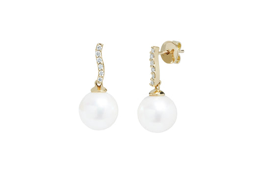 Freshwater Round Pearl & Diamond Drop Earrings - Gold - DED310YGR10