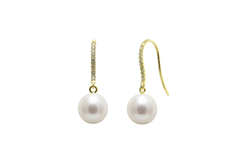 Round Freshwater Pearl & Diamond Drop Earrings, 8-8.5mm - 18ct Yellow Gold - DEDGE7YG