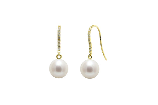 Round Freshwater Pearl & Diamond Drop Earrings, 8-8.5mm - 18ct Yellow Gold - DEDGE7YG
