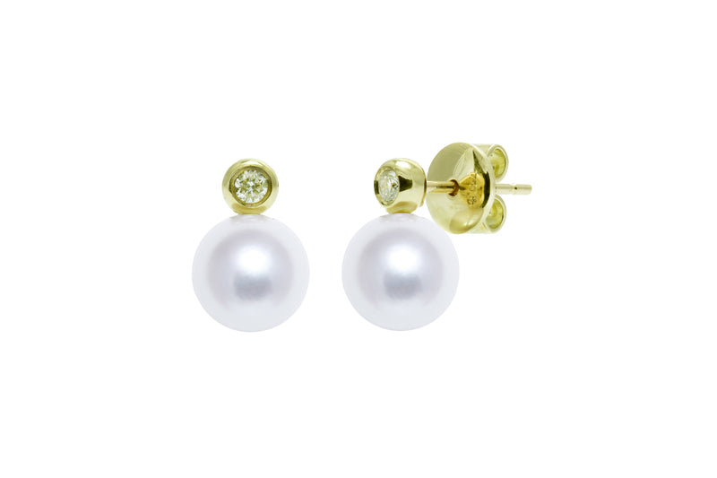 Freshwater Pearl & Diamond Stud Earrings, 7.5-8mm - Gold - DES304YG