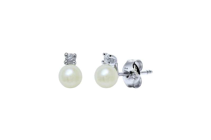 Freshwater Pearl & Diamond Stud Earrings, 4-4.5mm - White Gold - DES309WG