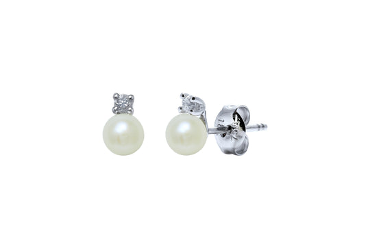 Freshwater Pearl & Diamond Stud Earrings, 4-4.5mm - White Gold - DES309WG