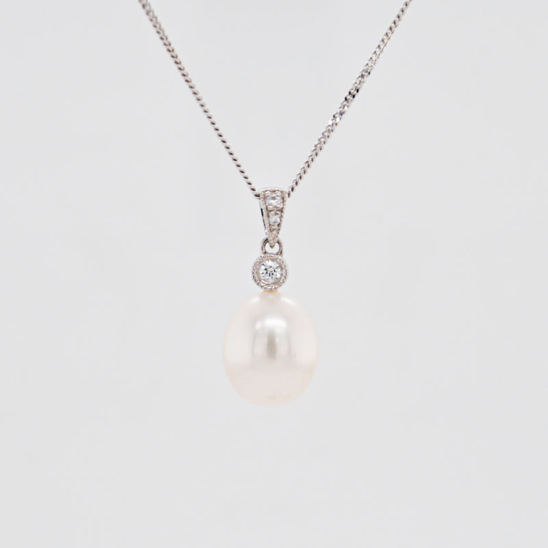 Freshwater Teardrop Pearl & Diamond Pendant, 9-10mm - White Gold- DP308WG