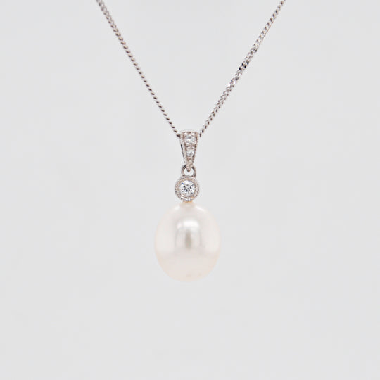 Freshwater Teardrop Pearl & Diamond Pendant, 9-10mm - White Gold- DP308WG