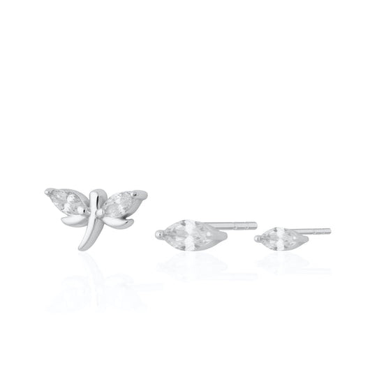 Dragonfly Set Of 3 Single Stud Earrings - Silver - SPS-30-418-104