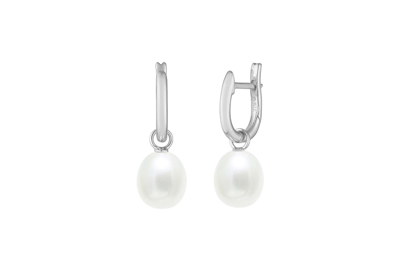 Teardrop Freshwater Pearl Huggie Earrings, 7.5-8mm - White Gold - ED306WG